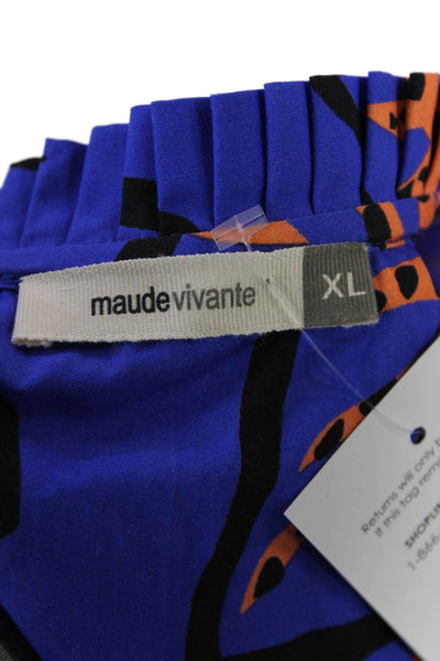 Maude Vivante Womens Cotton Abstract Print Pleated Collar Blouse Blue Size XL