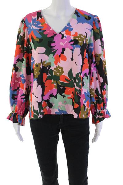 Crosby By Mollie Burch Womens Abstract Floral V-Neck Blouse Multicolor Size M