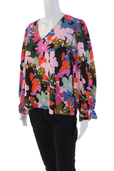Crosby By Mollie Burch Womens Abstract Floral V-Neck Blouse Multicolor Size M