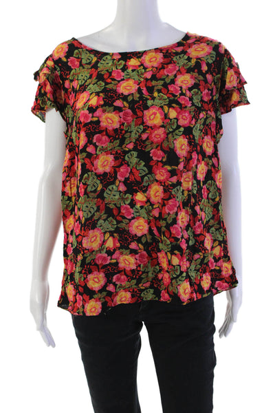 Cynthia Rowley Womens Floral Print Sleeveless Ruffled Sleeve Blouse Black Size M