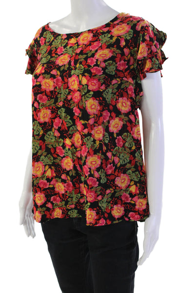 Cynthia Rowley Womens Floral Print Sleeveless Ruffled Sleeve Blouse Black Size M
