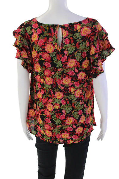 Cynthia Rowley Womens Floral Print Sleeveless Ruffled Sleeve Blouse Black Size M