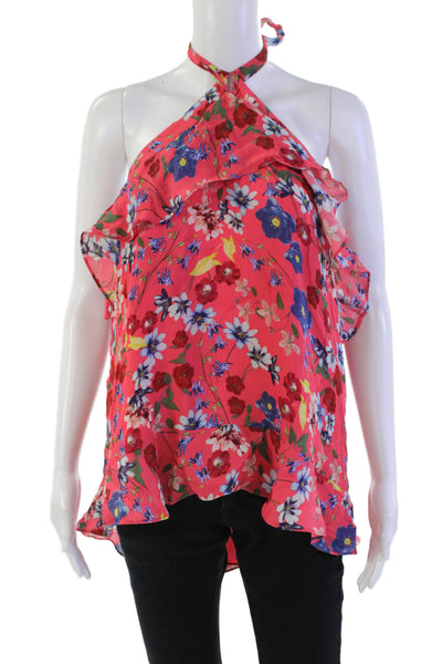 Parker Womens Textured Sleeveless Halter Top Floral Blouse Pink Size L