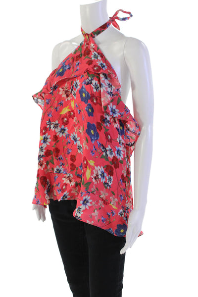 Parker Womens Textured Sleeveless Halter Top Floral Blouse Pink Size L