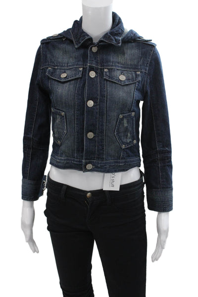 Joanie Schwarz Womens Cotton Buttoned Hooded Crop Jean Jacket Blue Size S