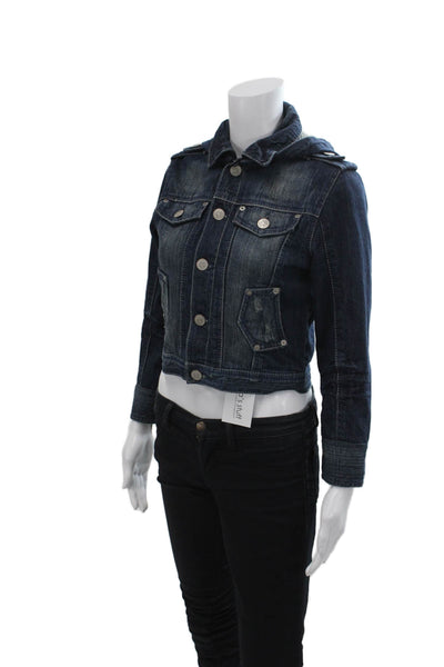 Joanie Schwarz Womens Cotton Buttoned Hooded Crop Jean Jacket Blue Size S