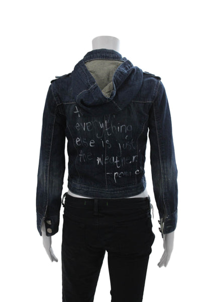 Joanie Schwarz Womens Cotton Buttoned Hooded Crop Jean Jacket Blue Size S