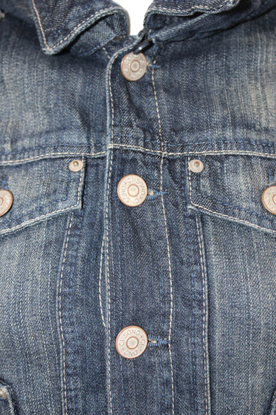 Joanie Schwarz Womens Cotton Buttoned Hooded Crop Jean Jacket Blue Size S