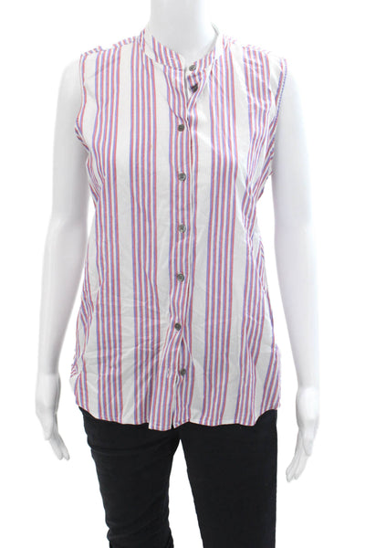 Equipment Womens Cotton Striped Buttoned Sleeveless Blouse Blue Size P