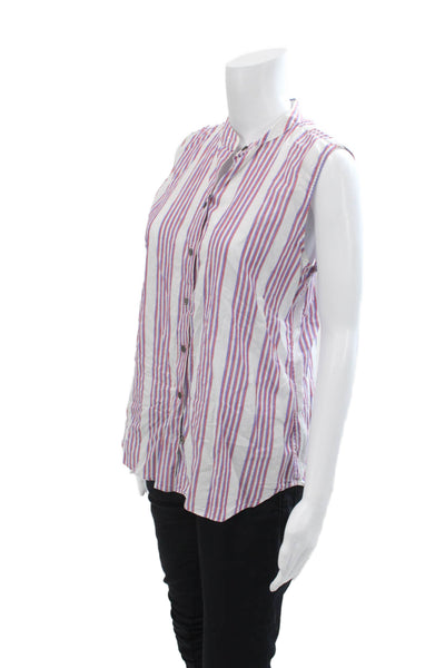 Equipment Womens Cotton Striped Buttoned Sleeveless Blouse Blue Size P