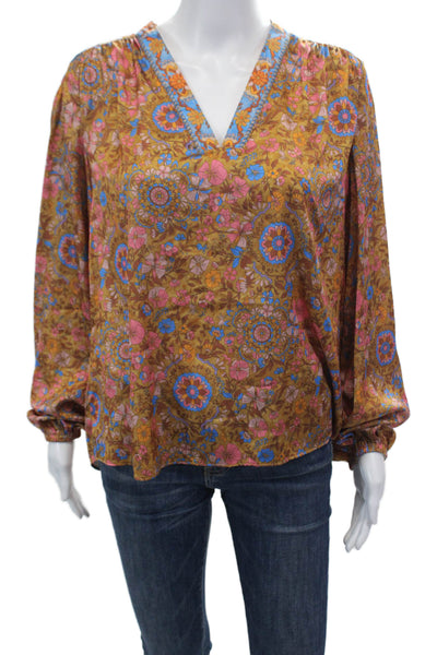 Current Air Womens V-Neck Floral Print Peasant Sleeve Blouse Brown Size M
