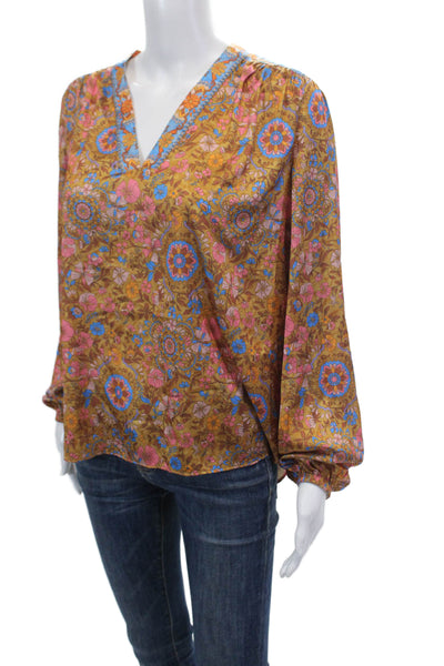 Current Air Womens V-Neck Floral Print Peasant Sleeve Blouse Brown Size M