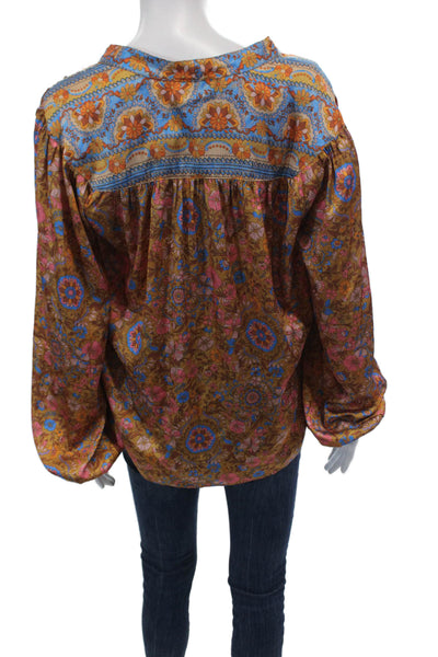 Current Air Womens V-Neck Floral Print Peasant Sleeve Blouse Brown Size M