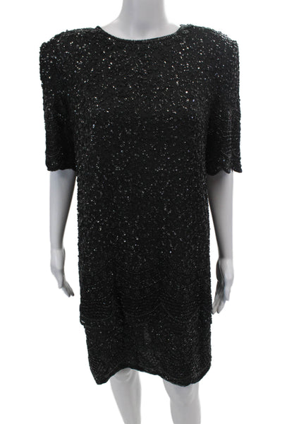 Brilliante Womens Silk Sequin Beaded Round Neck Short Sleeve Dress Black Size L