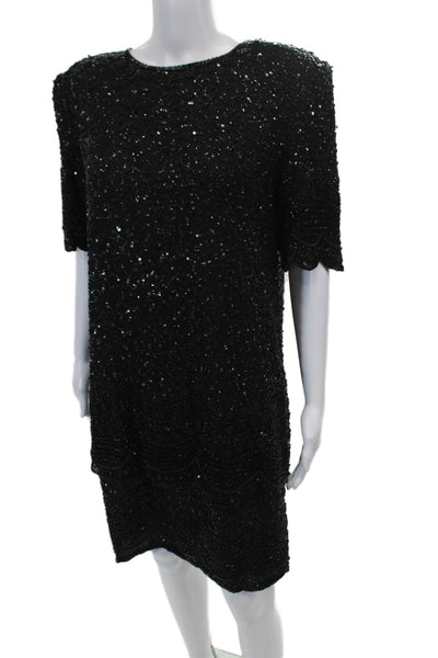 Brilliante Womens Silk Sequin Beaded Round Neck Short Sleeve Dress Black Size L