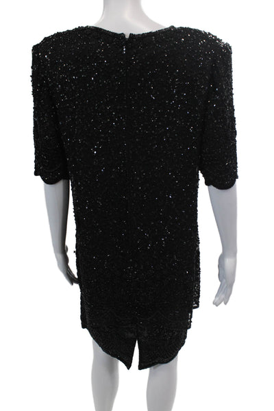 Brilliante Womens Silk Sequin Beaded Round Neck Short Sleeve Dress Black Size L