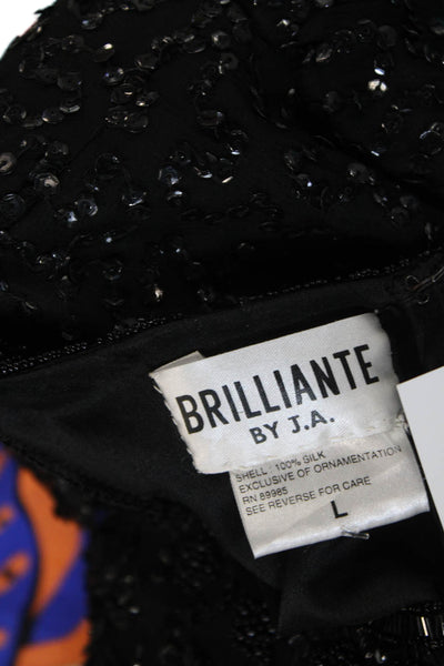 Brilliante Womens Silk Sequin Beaded Round Neck Short Sleeve Dress Black Size L