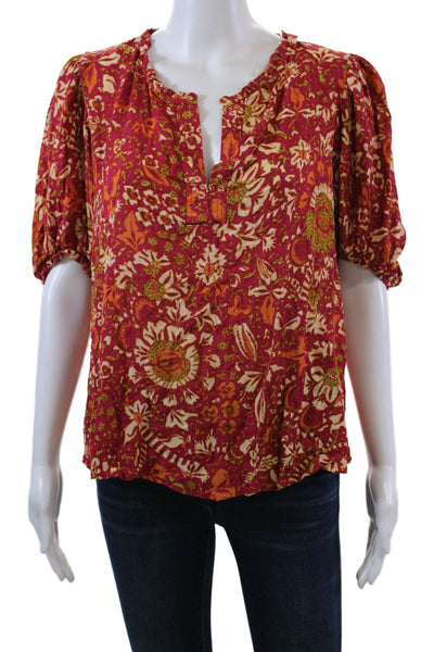 Rachel Zoe Womens Floral V-Neck Short Sleeve Pullover Blouse Top Red Size M