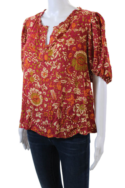 Rachel Zoe Womens Floral V-Neck Short Sleeve Pullover Blouse Top Red Size M