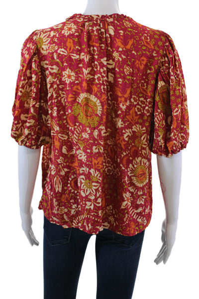 Rachel Zoe Womens Floral V-Neck Short Sleeve Pullover Blouse Top Red Size M