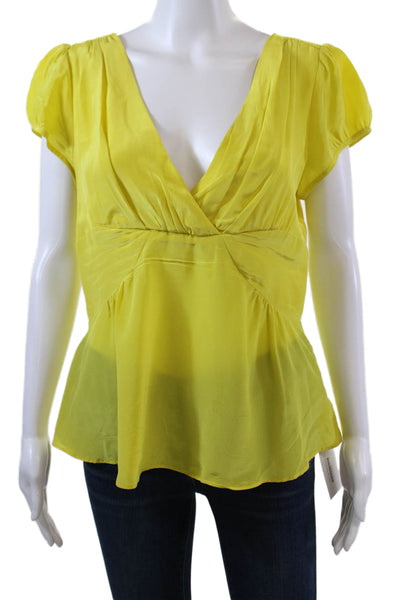 Nanette Lepore Womens Silk Babydoll V-Neck Short Sleeve Blouse Yellow Size 10