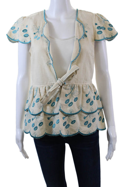 Nanette Lepore Womens Embroidered Pattern Tie Front V-Neck Blouse Beige Size 6