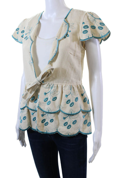 Nanette Lepore Womens Embroidered Pattern Tie Front V-Neck Blouse Beige Size 6