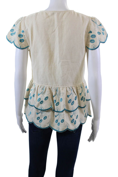 Nanette Lepore Womens Embroidered Pattern Tie Front V-Neck Blouse Beige Size 6