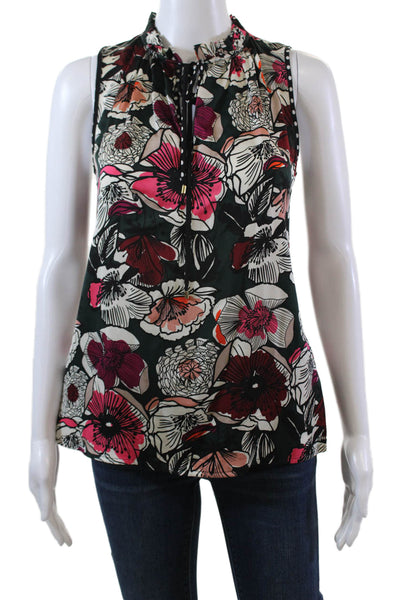Trina Turk Womens Sleeveless Keyhole Pop Floral Silk Top Green Multi Size Small