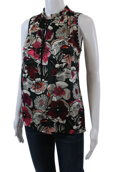 Trina Turk Womens Sleeveless Keyhole Pop Floral Silk Top Green Multi Size Small