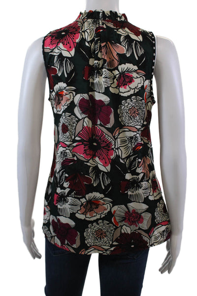 Trina Turk Womens Sleeveless Keyhole Pop Floral Silk Top Green Multi Size Small