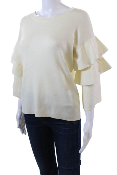 Aqua Womens Tiered 3/4 Sleeve Scoop Neck Boxy Knit Top White Size Medium
