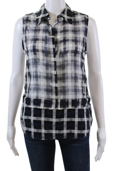 ALC Womens Button Front Sleeveless Collared Gingham Top Navy White Size XS
