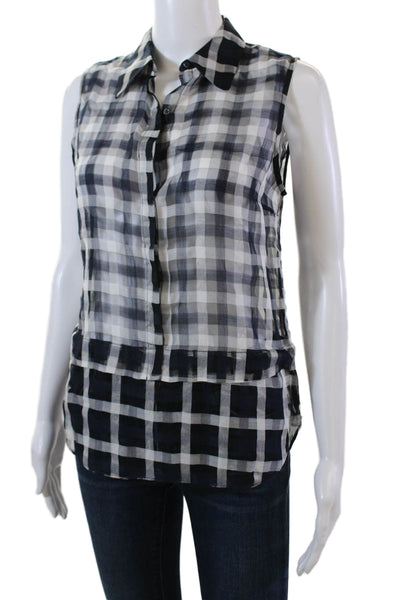 ALC Womens Button Front Sleeveless Collared Gingham Top Navy White Size XS