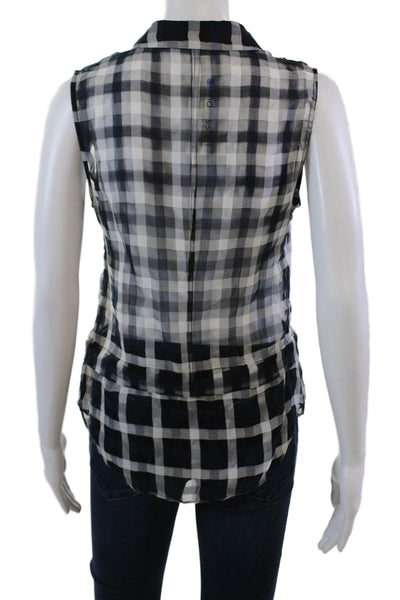 ALC Womens Button Front Sleeveless Collared Gingham Top Navy White Size XS
