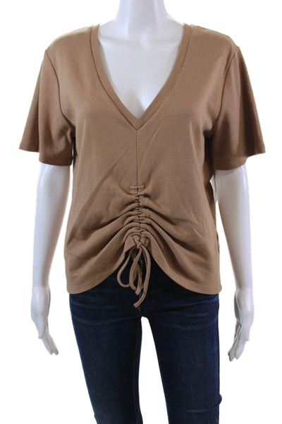 LaMarque Womens Short Sleeve V Neck Ruched Drawstring Shirt Brown Size Small