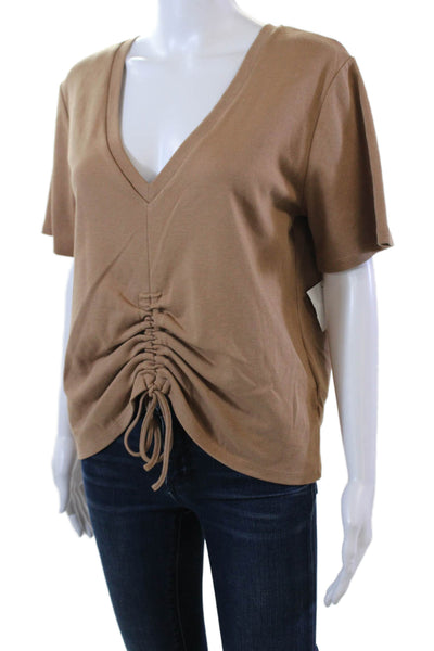LaMarque Womens Short Sleeve V Neck Ruched Drawstring Shirt Brown Size Small
