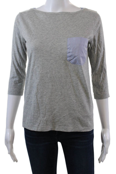 Demylee Womens 3/4 Sleeve Scoop Neck Pocket Shirt Gray Blue Cotton Size Small