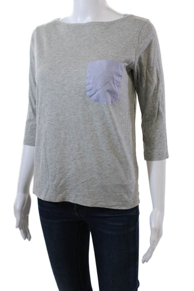 Demylee Womens 3/4 Sleeve Scoop Neck Pocket Shirt Gray Blue Cotton Size Small