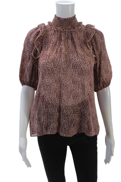 Joie Womens Silk Puffy Short Sleeves Blouse Beige Purple Size Extra Small