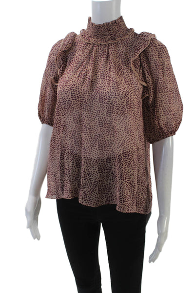 Joie Womens Silk Puffy Short Sleeves Blouse Beige Purple Size Extra Small