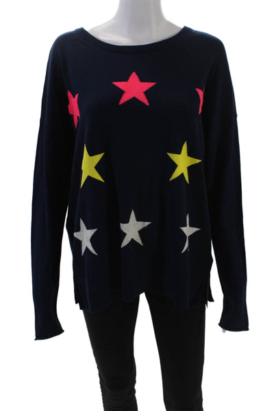 Lisa Todd Womens Stars Print Crew Neck Sweater Navy Blue Cotton Size Large