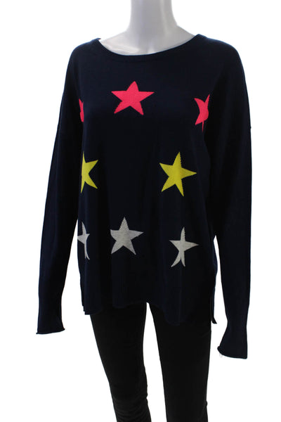 Lisa Todd Womens Stars Print Crew Neck Sweater Navy Blue Cotton Size Large