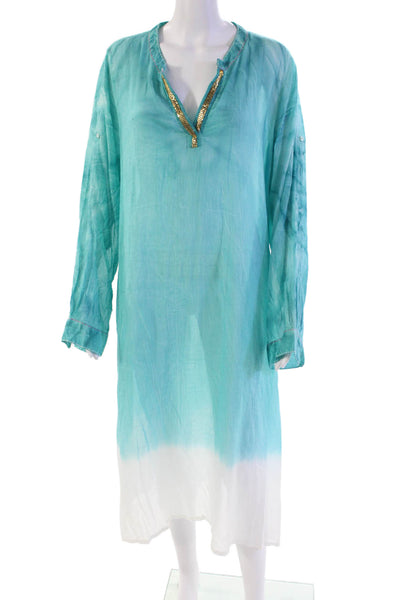 Naudic Womens Cotton Long Sleeve V-neck Long Ombre Dress Blue Size XL