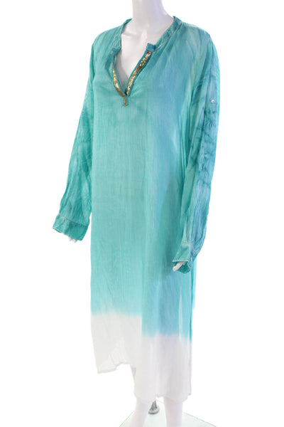 Naudic Womens Cotton Long Sleeve V-neck Long Ombre Dress Blue Size XL