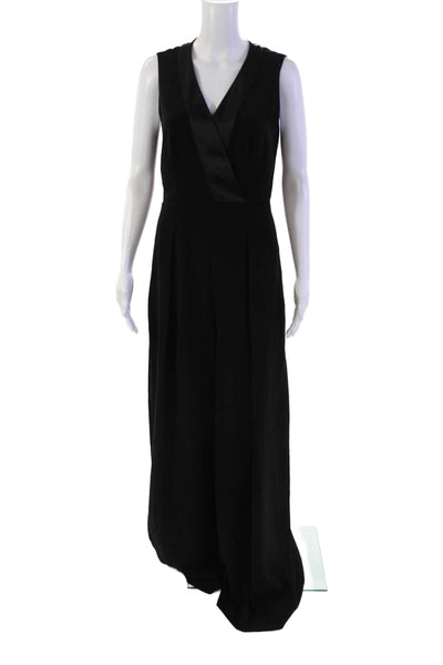 Iris & Ink Womens Back Zip Sleeveless Satin Trim Wide Leg Jumpsuit Black Size 6