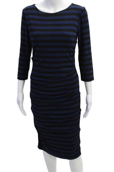 Nicole Miller Womens Striped Body Con Ruched Dress Blue Black Size Small
