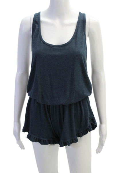 Spiritual Gangster Womens Sleeveless Ruffled Trim Romper Blue Size Medium