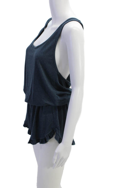 Spiritual Gangster Womens Sleeveless Ruffled Trim Romper Blue Size Medium