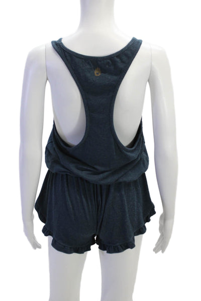 Spiritual Gangster Womens Sleeveless Ruffled Trim Romper Blue Size Medium
